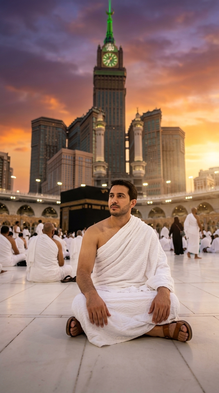 Jemaah umrah di pelataran Masjidil Haram dengan Ka'bah dan Menara Jam Makkah